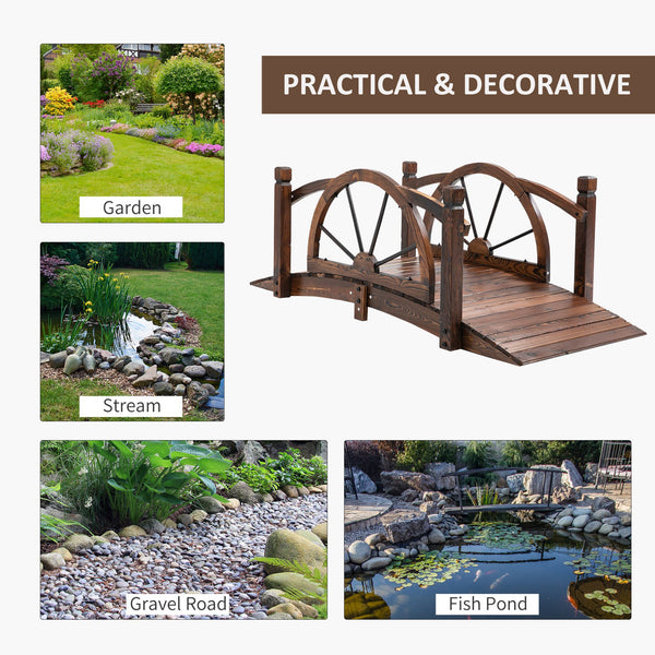 Wooden garden bridge, decorative arched walkway with safety railing