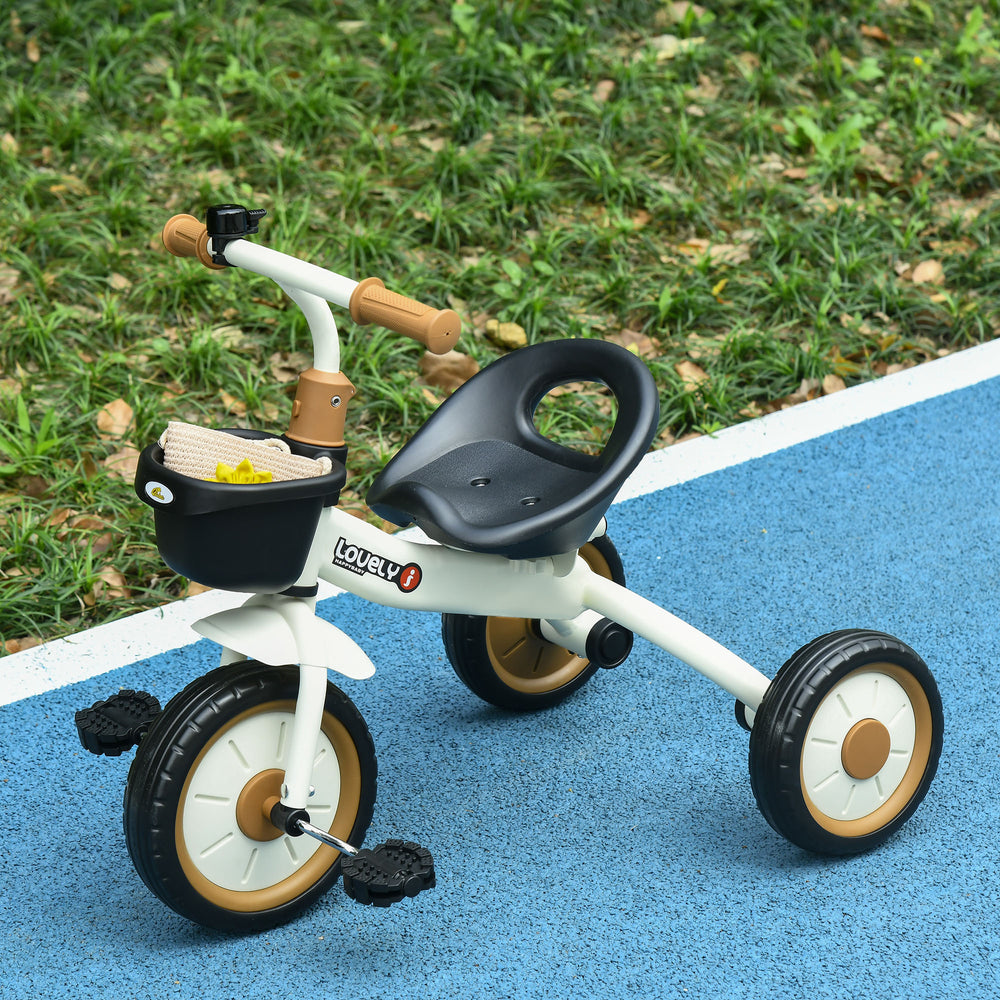 Tricycle avec siège réglable, panier, sonnette, blanc