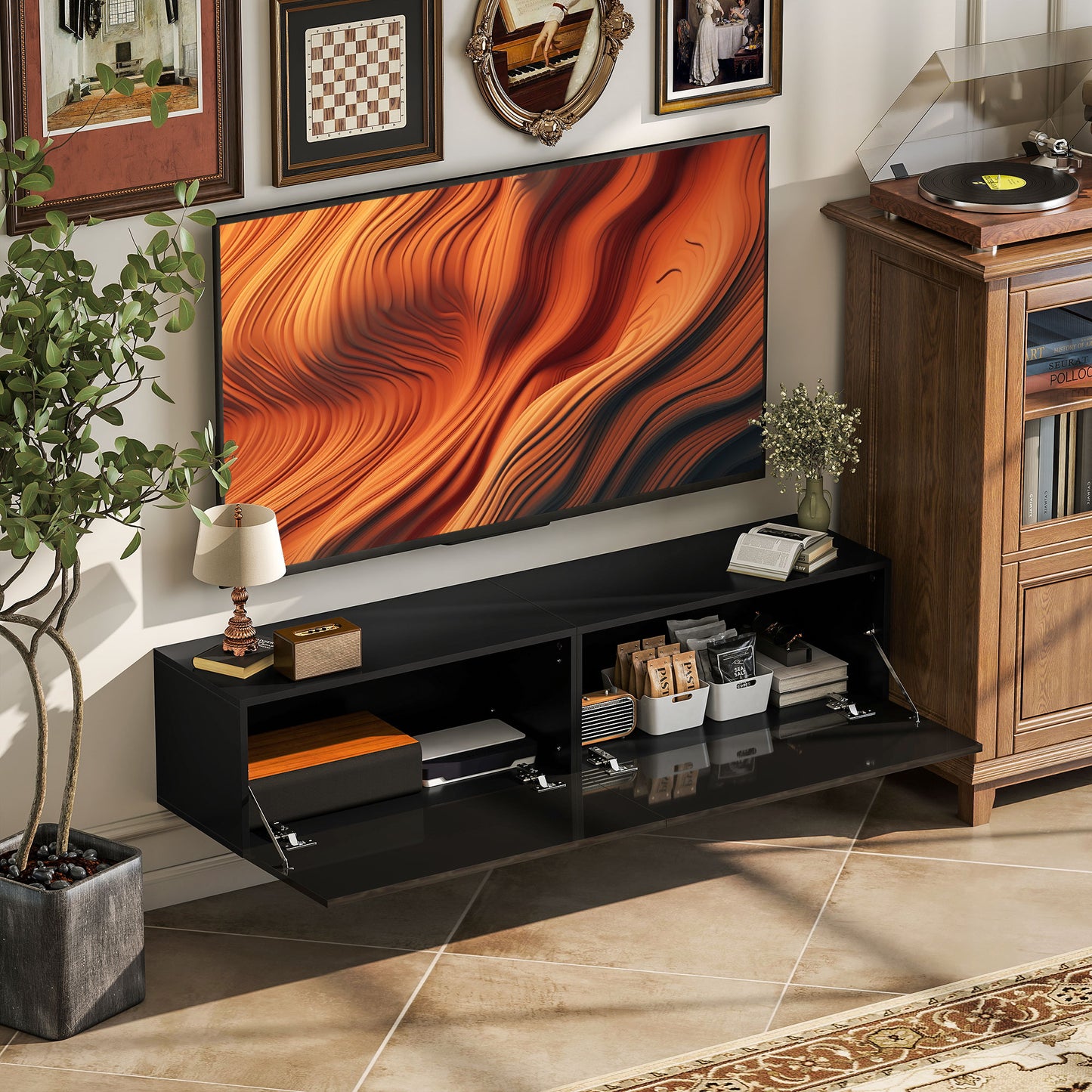 Meuble TV mural avec rangements pour téléviseurs 45, 55 et 65 pouces, noir
