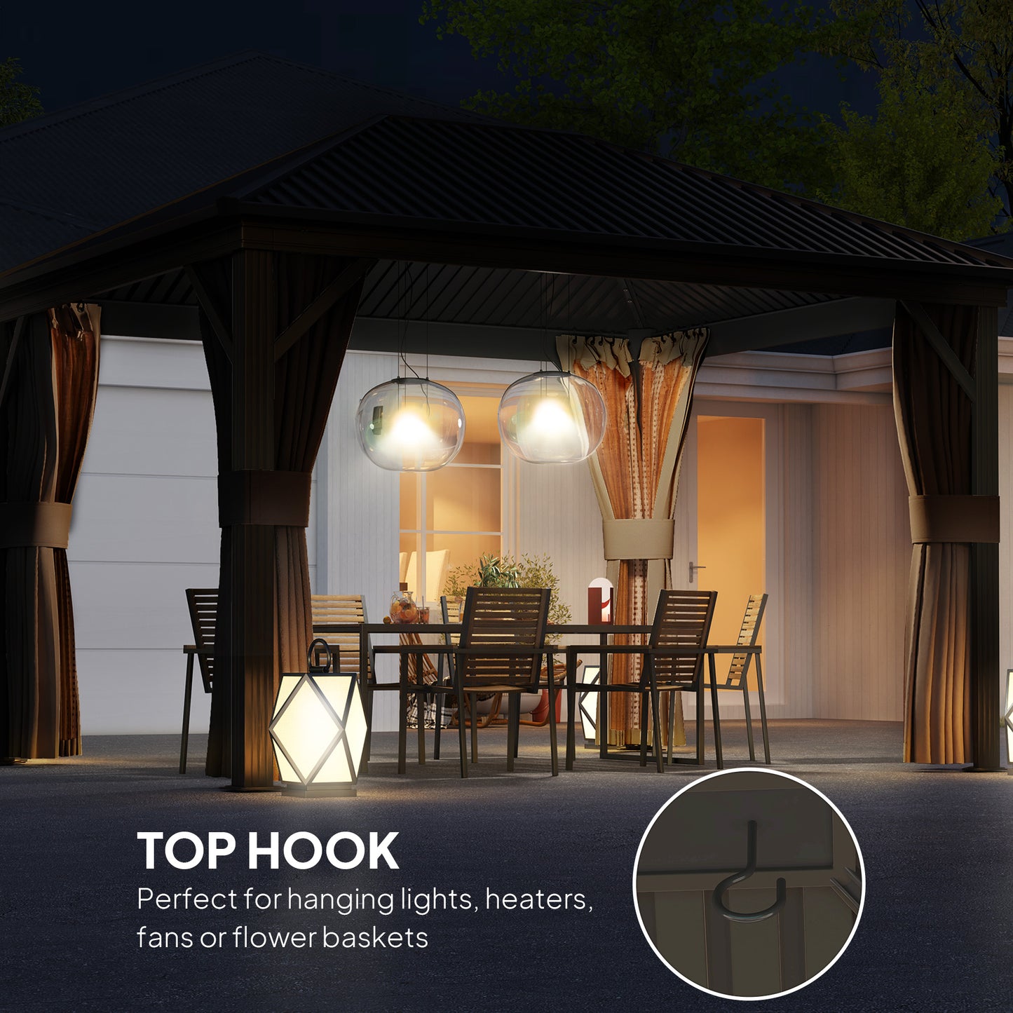 Gazebo 10' x 12' avec toit rigide en métal et cadre en aluminium, filets en maille, marron
