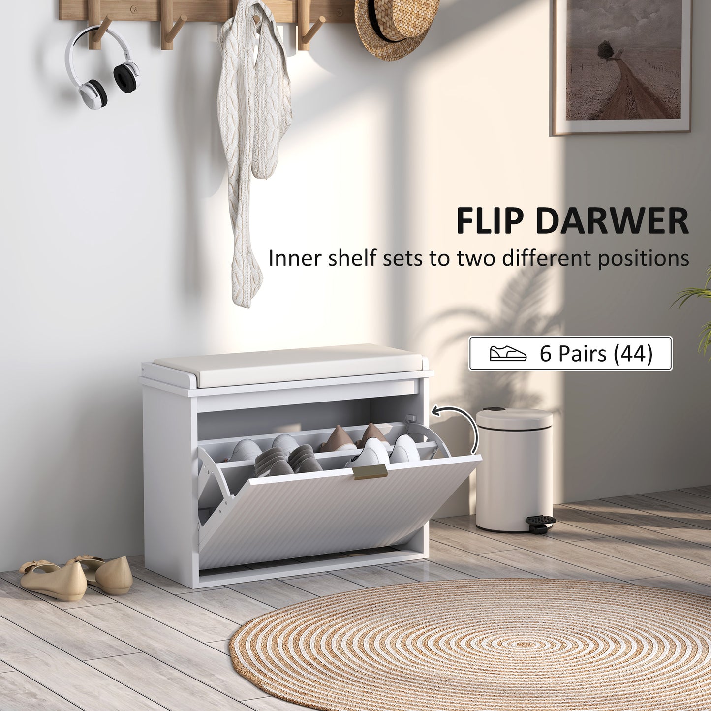 HOMCOM Hallway Bench with Upholstered Seat and Drop-Down Drawers, Load Capacity up to 120 kg, Storage for 6 Pairs of Shoes, White