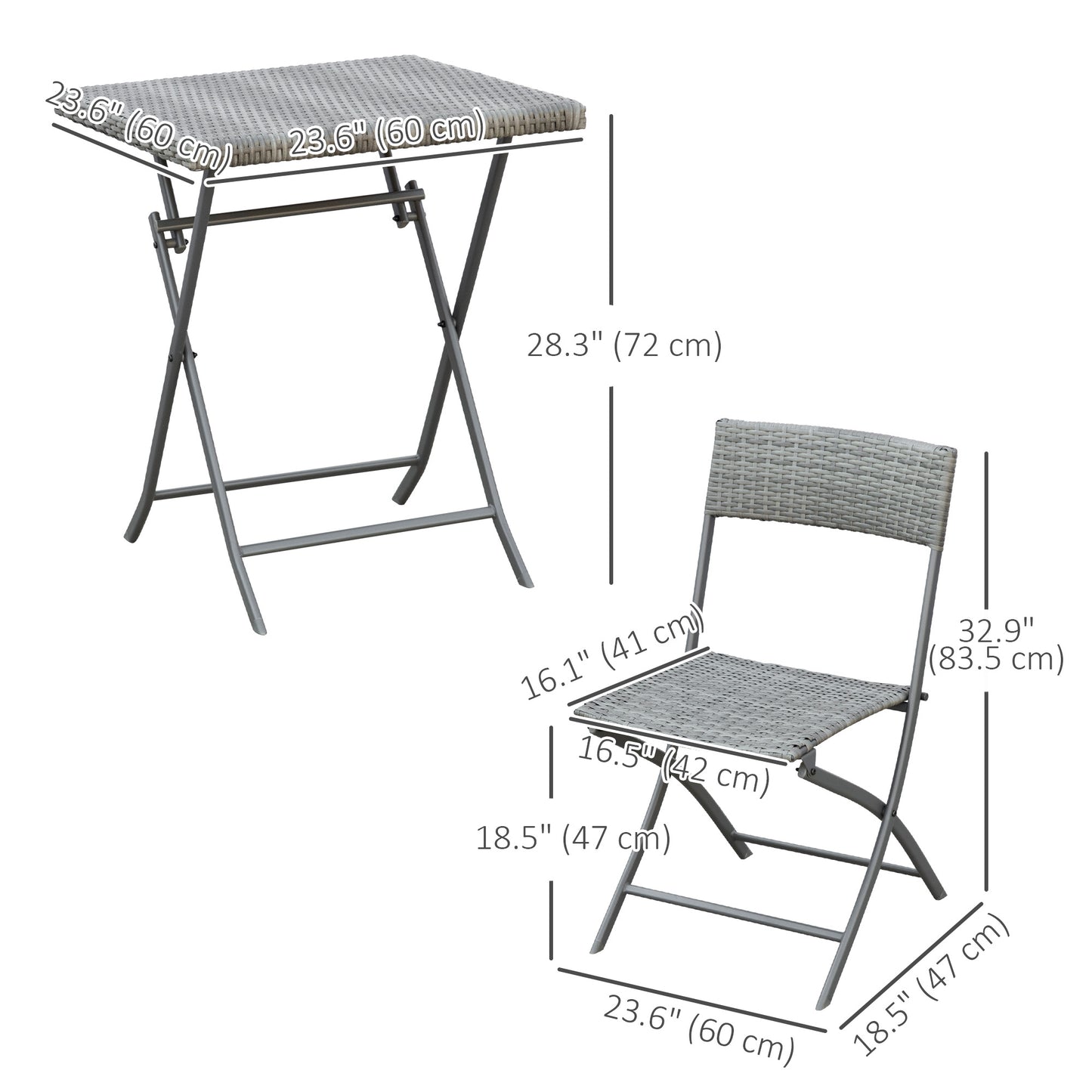 Ensemble bistrot pliant d'extérieur 3 pièces Outsunny en rotin, gris