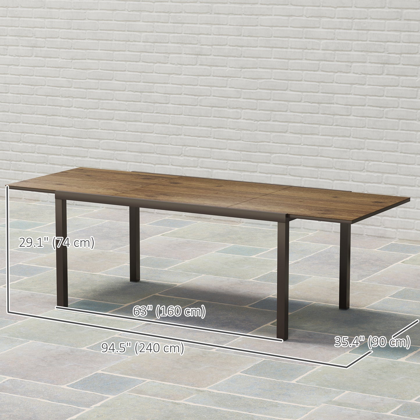 Table à manger extensible pour 6 à 8 personnes, avec bordure en aluminium et cadre en acier, marron