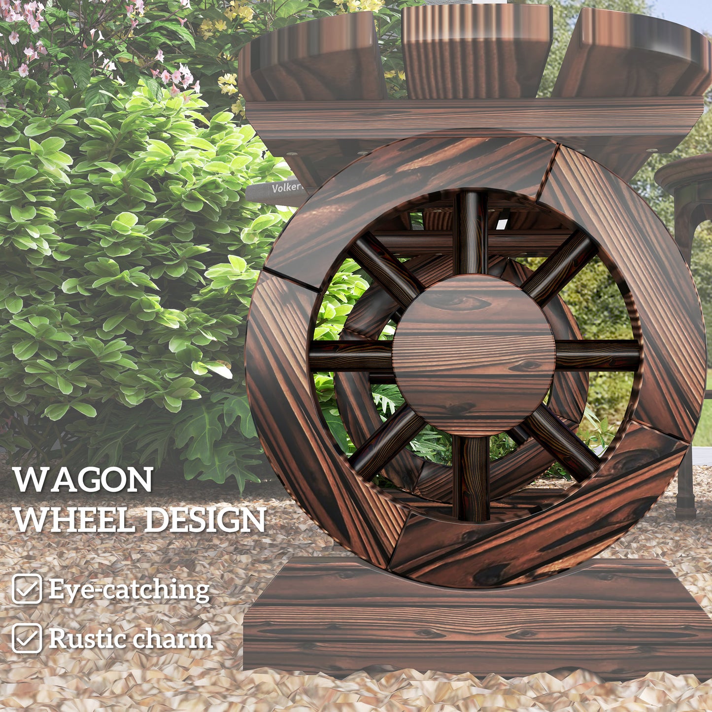 Banc de jardin en bois avec pieds en forme de roue de chariot, carbonisé