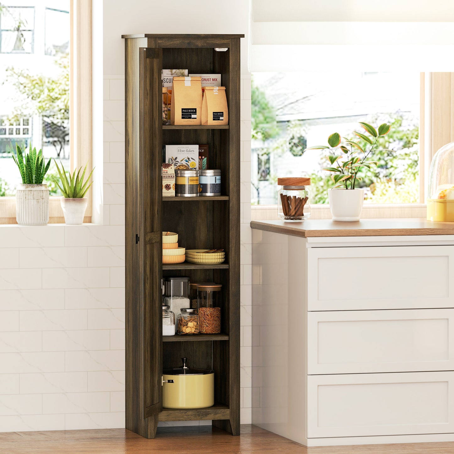 67" Farmhouse Style Kitchen Storage Cabinet with Barn Door and Adjustable Shelves, Brown