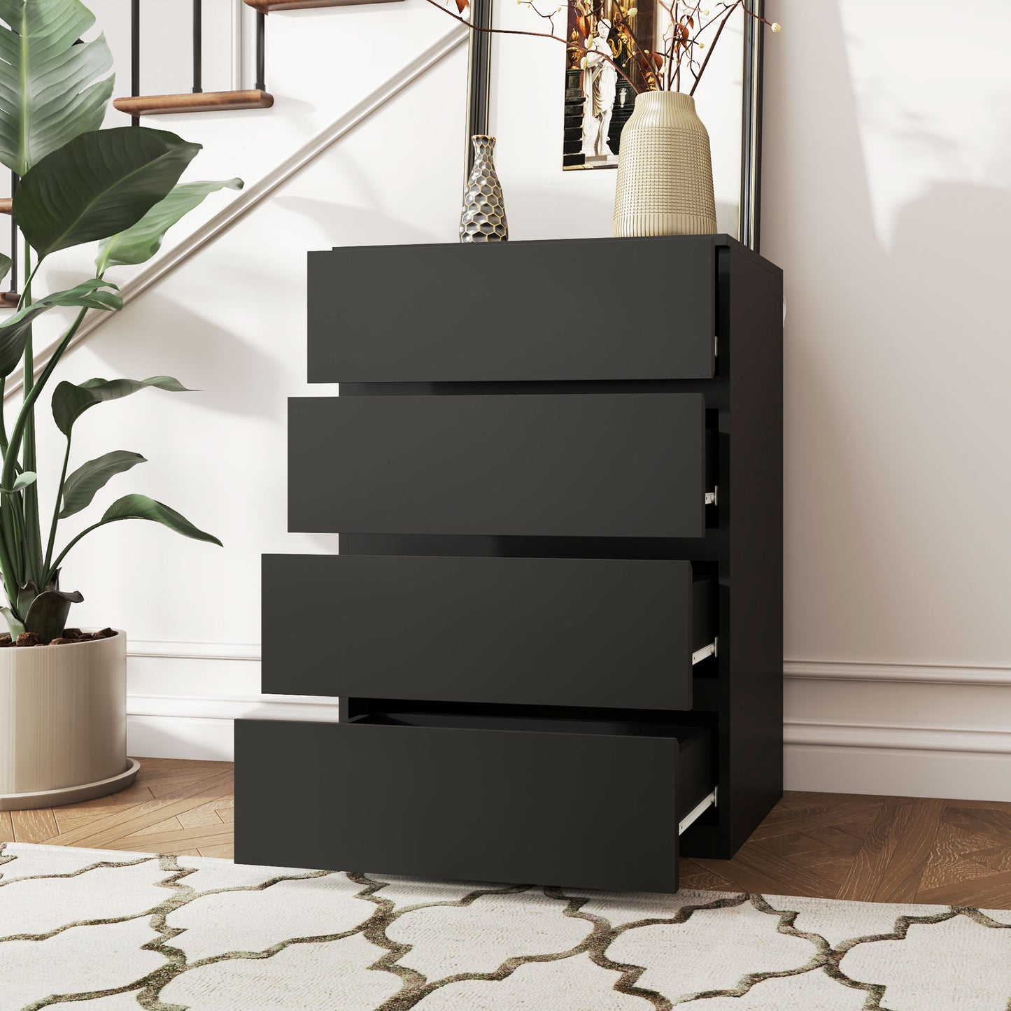 Commode 4 tiroirs de rangement indépendant, noir