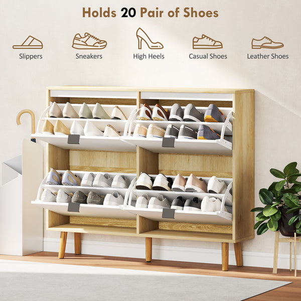 Meuble à chaussures étroit, finition brillante, avec 4 tiroirs rabattables et étagères réglables, pour 20 paires, blanc