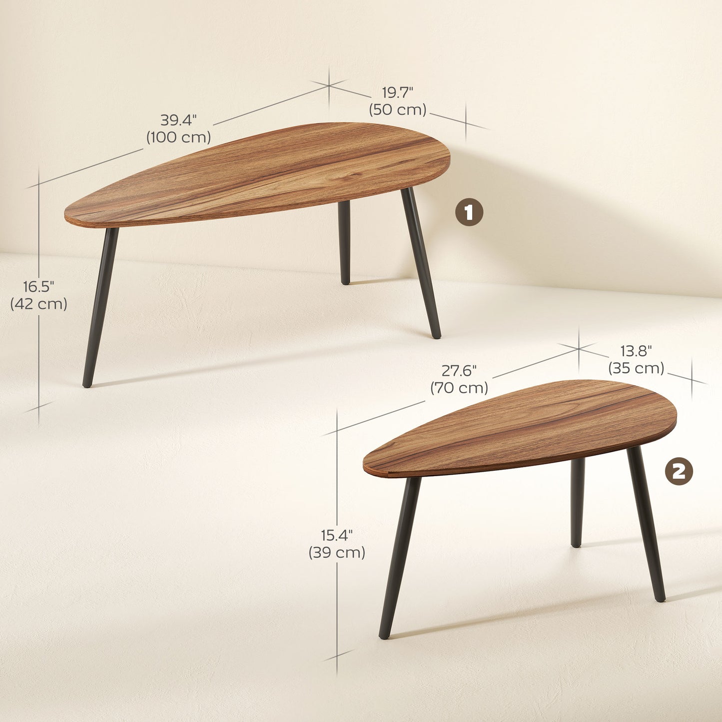 Ensemble de 2 tables basses industrielles avec pieds en acier, marron