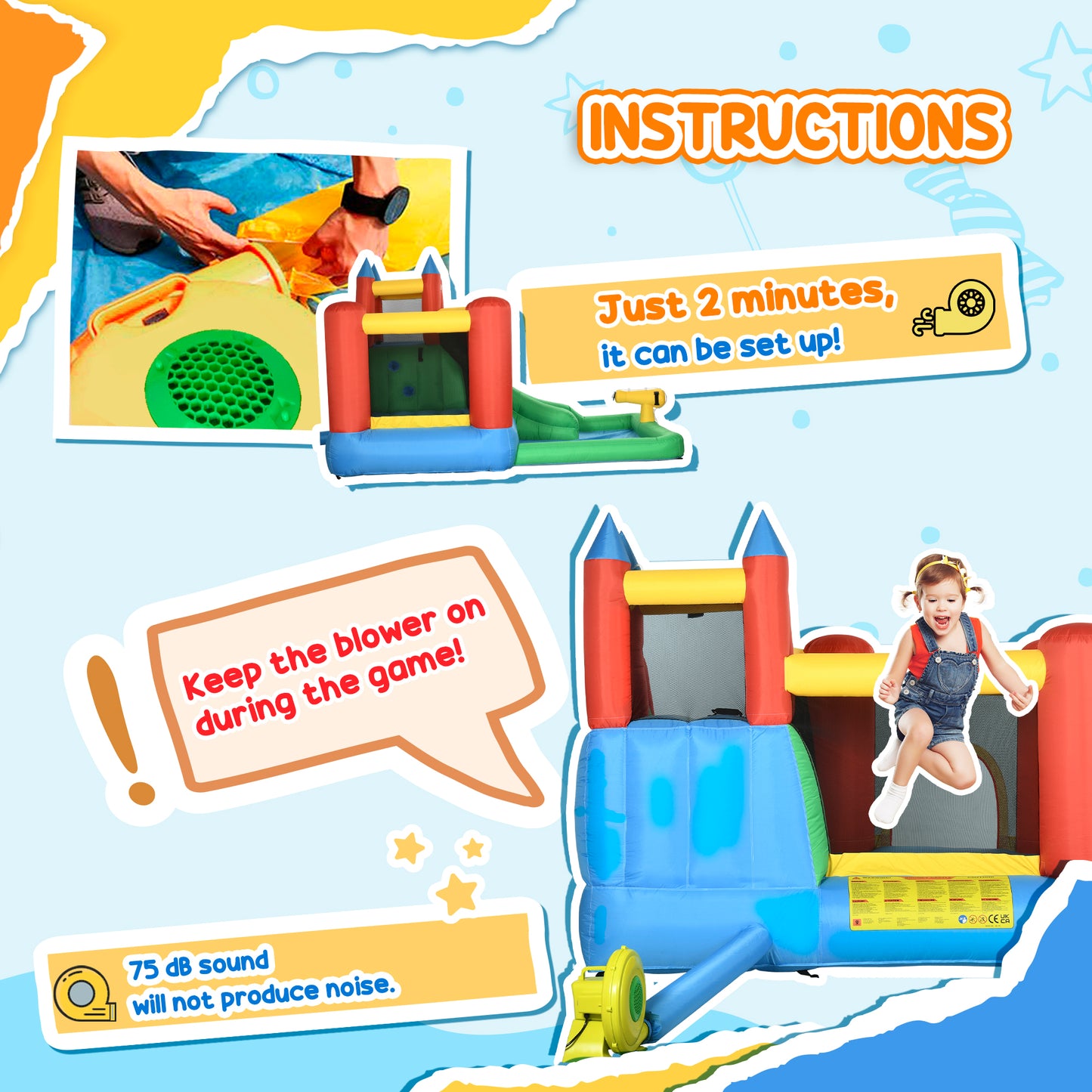 6 in 1 Inflatable Castle House Trampoline Slide Water Pool Gun Climbing Wall Basket with Inflator for Kids 3-12 Years Old Summer 11.5' x 8.8' x 7' Multicolor