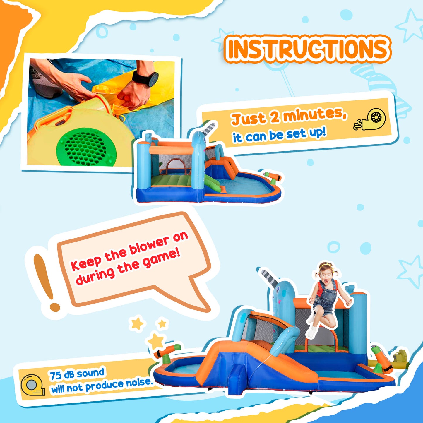 5 in 1 Narwhal Style Inflatable Water Slide for Kids with Slide, Trampoline, Pool, Water Gun, Climbing Wall, Carry Bag, 450W Air Blower
