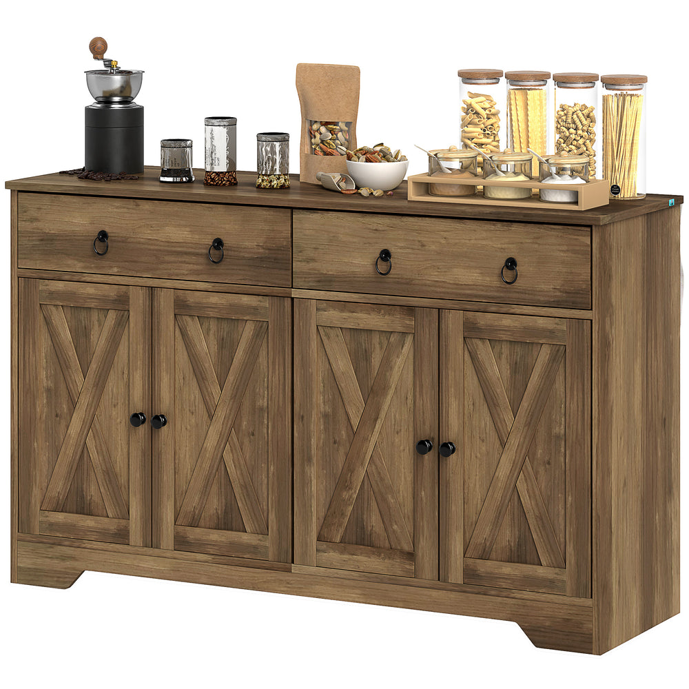 Buffet marron clair avec 2 tiroirs, 4 portes de grange et 2 étagères réglables – meuble de rangement style rustique pour salle à manger ou salon
