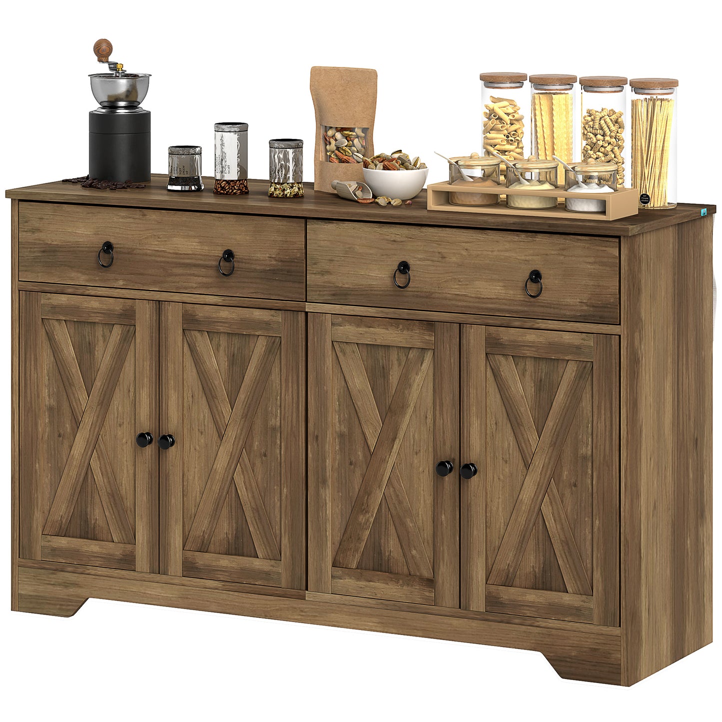 Buffet avec 2 tiroirs, 4 portes de grange et 2 étagères réglables, marron clair