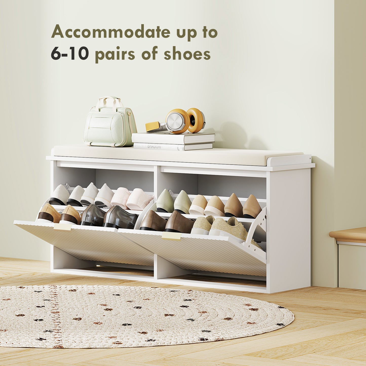 HOMCOM Hallway Bench with Upholstered Seat and Drop-Down Drawers, Load Capacity up to 240 kg, Storage for 10 Pairs of Shoes, White