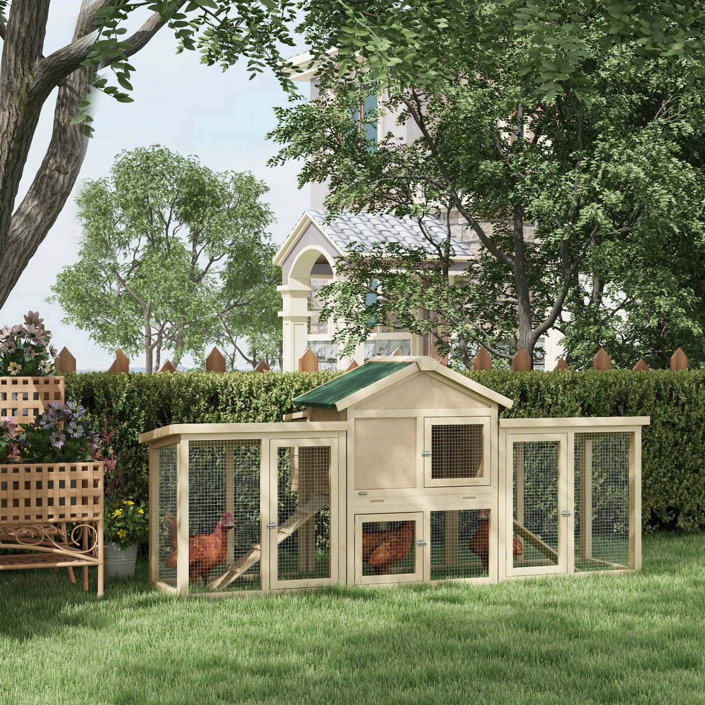 PawHut Wooden Chicken Coop, Large Outdoor Garden Hutch with Nest Box, Run, Ramp and Drawer