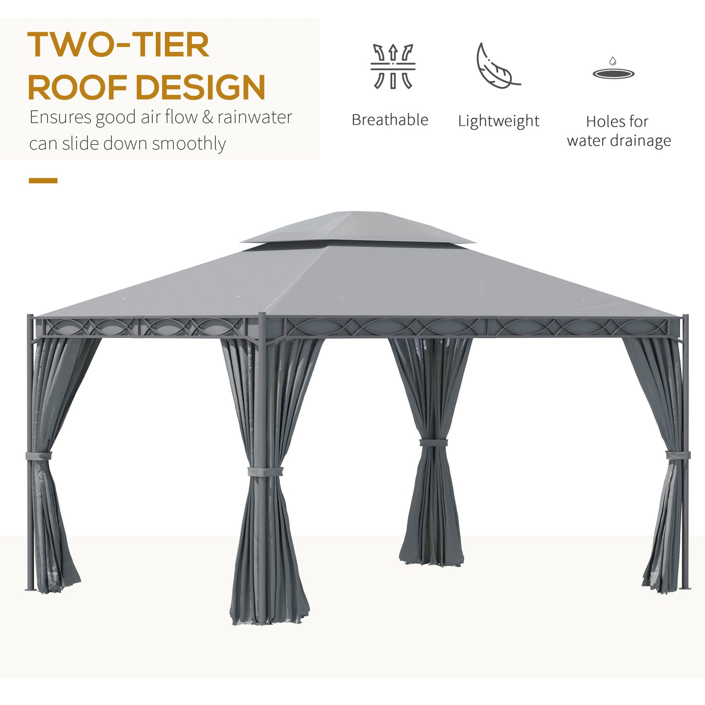 Gazebo 10'x13' couvert à deux niveaux en acier avec rideau, gris
