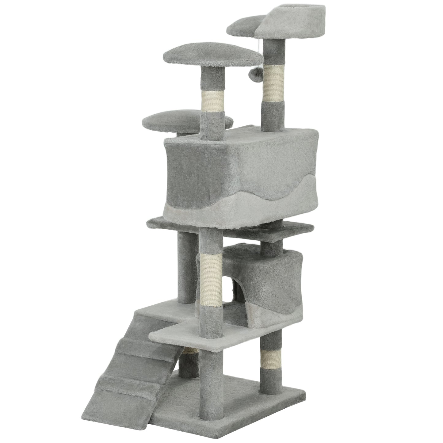 53" Cat Tree with Scratching Post, Large Kitten Playhouse, Multi-Level Activity Center, Gray