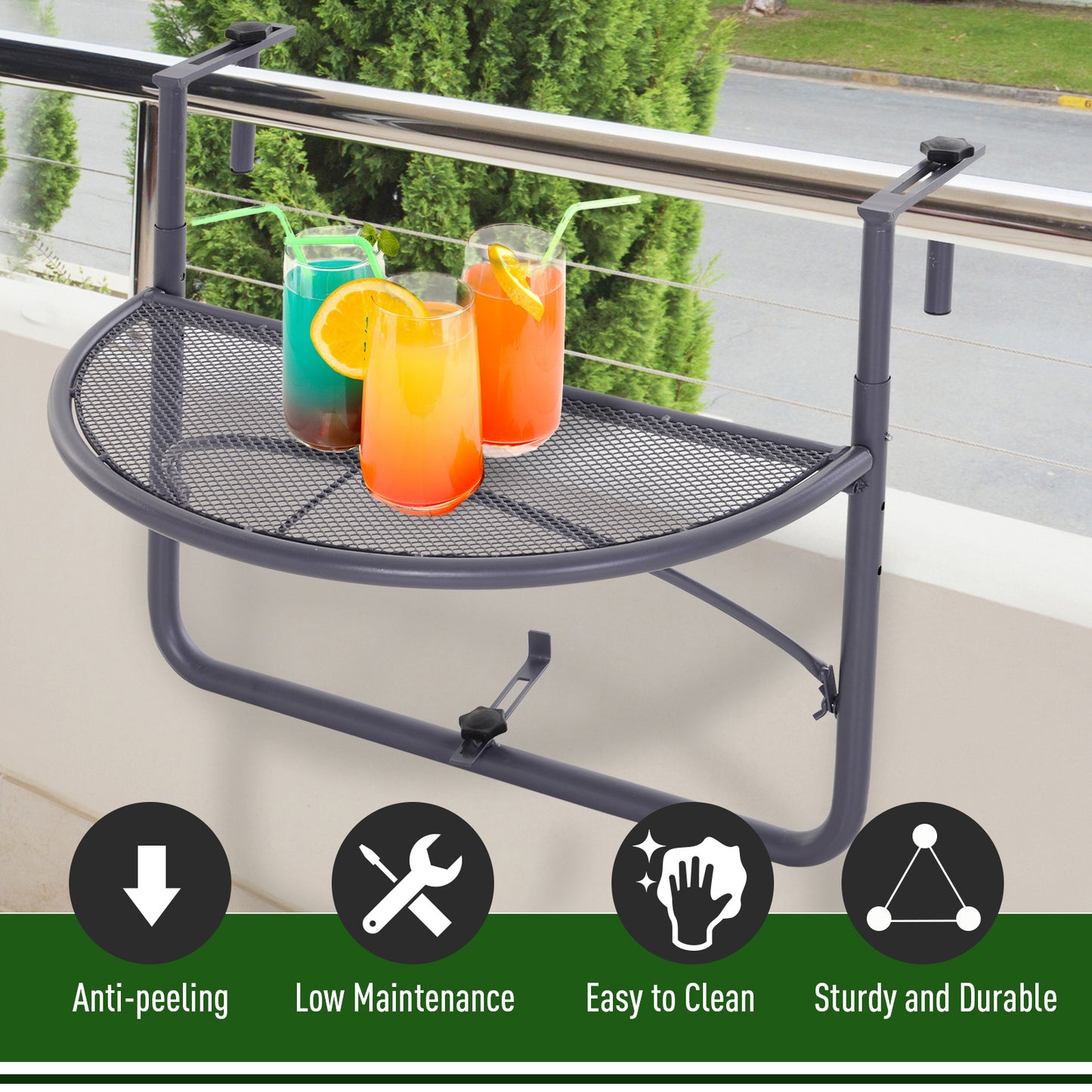 Outsunny Balcony Bliss: Hanging Rail Table, Adjustable Metal Wall Desk, Outdoor Storage Rack, Flower Stand, Serving Table, Gray |