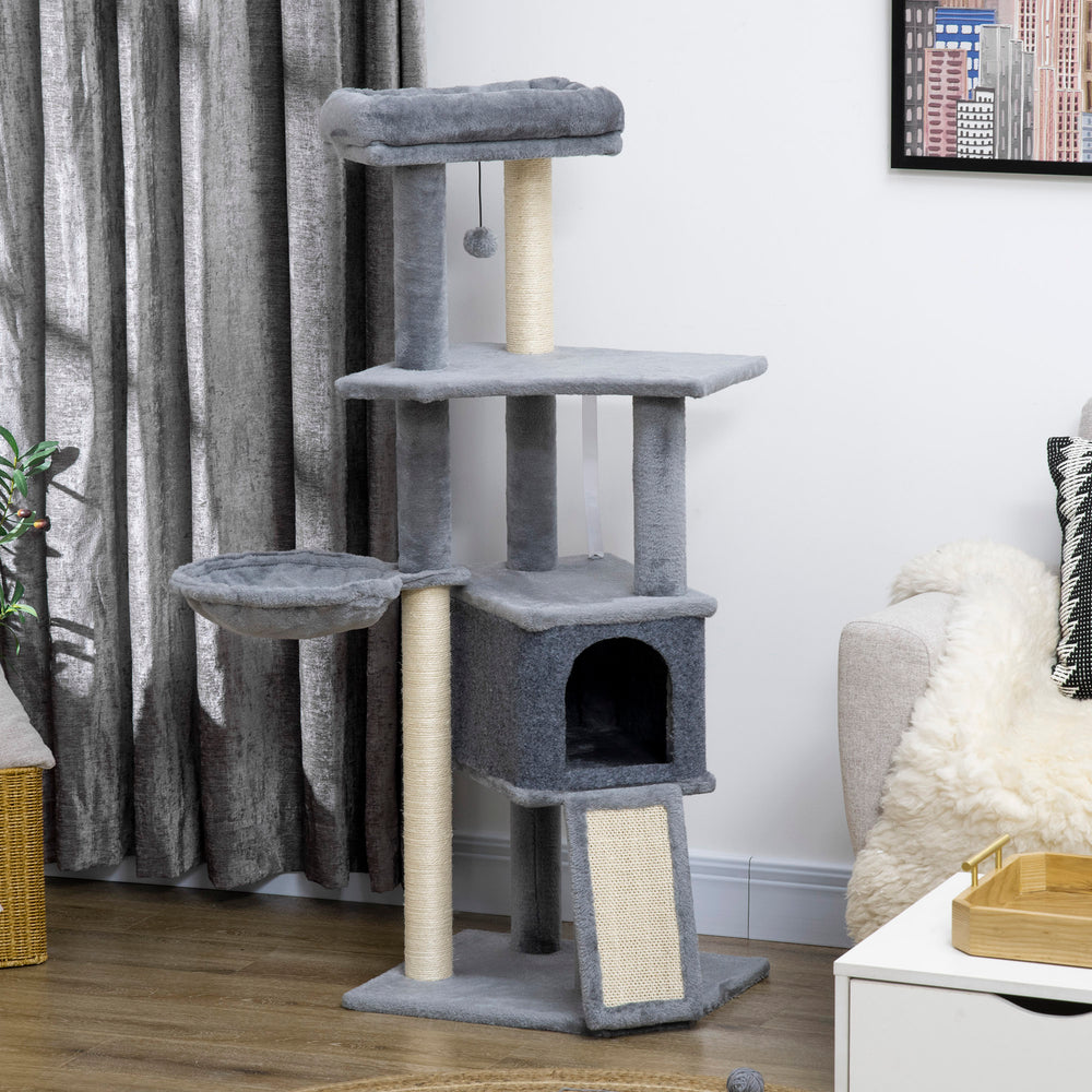 Arbre à chat de 127 cm à plusieurs niveaux avec griffoirs et rampe, gris