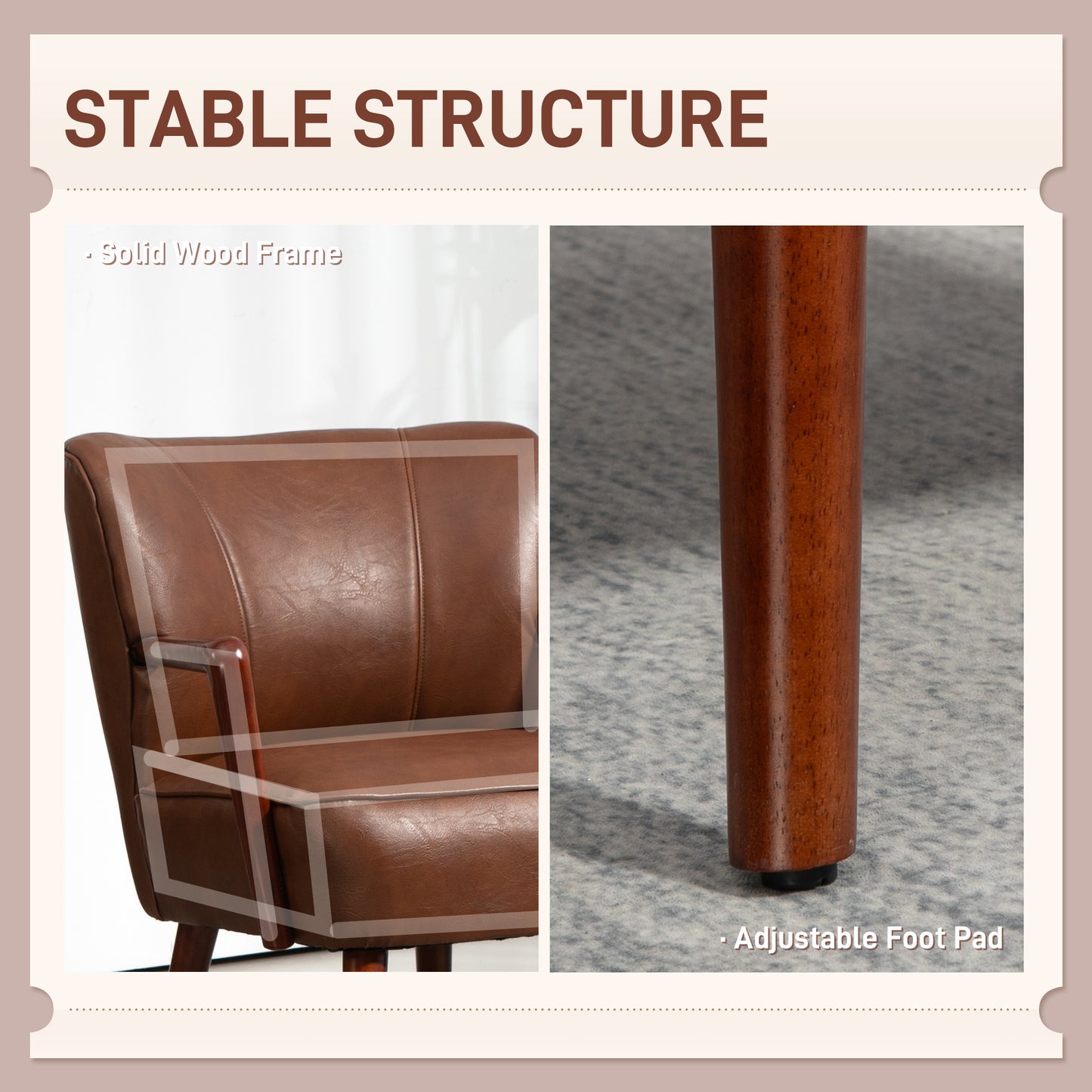 Modern upholstered armchair in faux leather with wooden legs and wide padded seat, brown