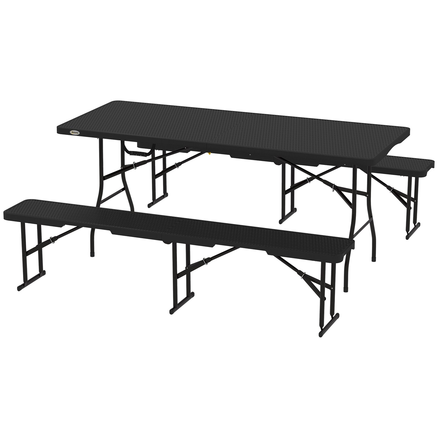 Outsunny 6FT 3PCS Faux Rattan Outdoor Camping Table Bench Set with Carrying Handles, Folding Picnic Table with 2 Benches, Black |