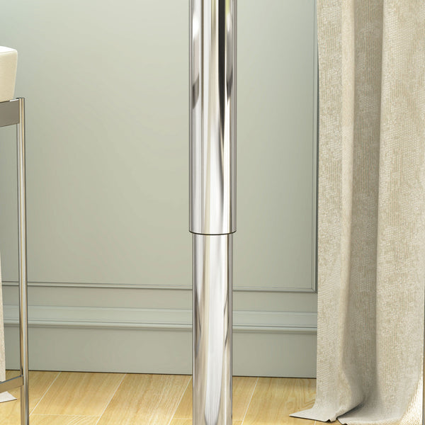 Modern round bar table, height adjustable, wooden top covered with faux leather, chrome base, white
