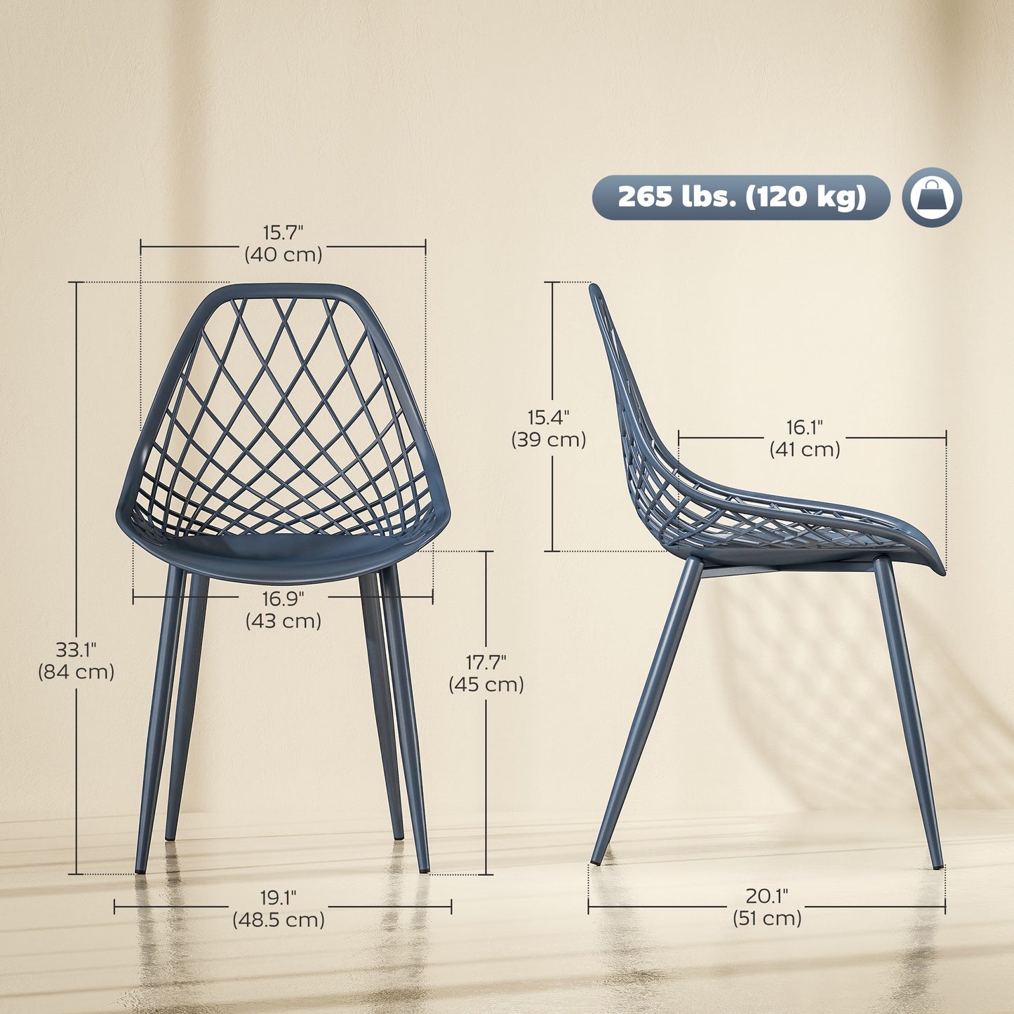 Lot de 4 chaises de salle à manger modernes en plastique avec dossier creux et pieds en métal, bleu