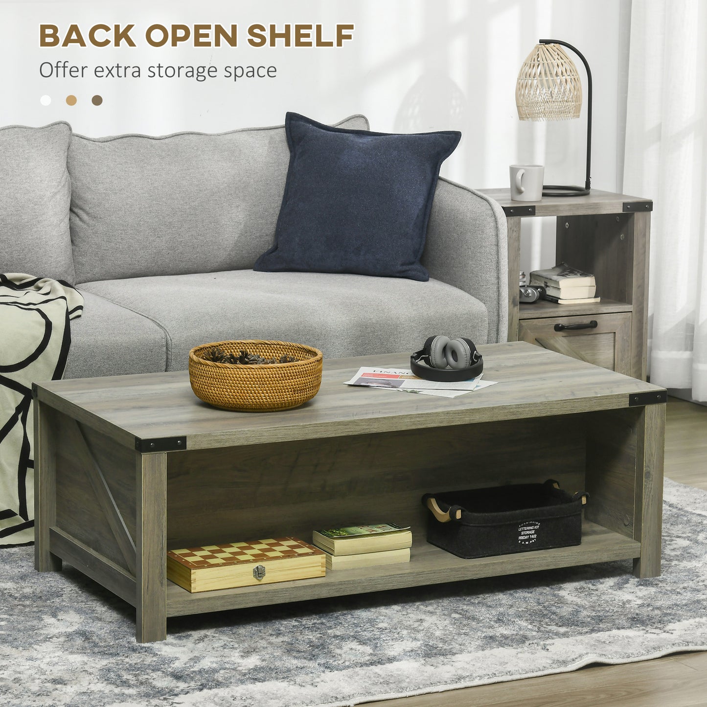 Table basse rustique avec tiroir et étagère de rangement, gris