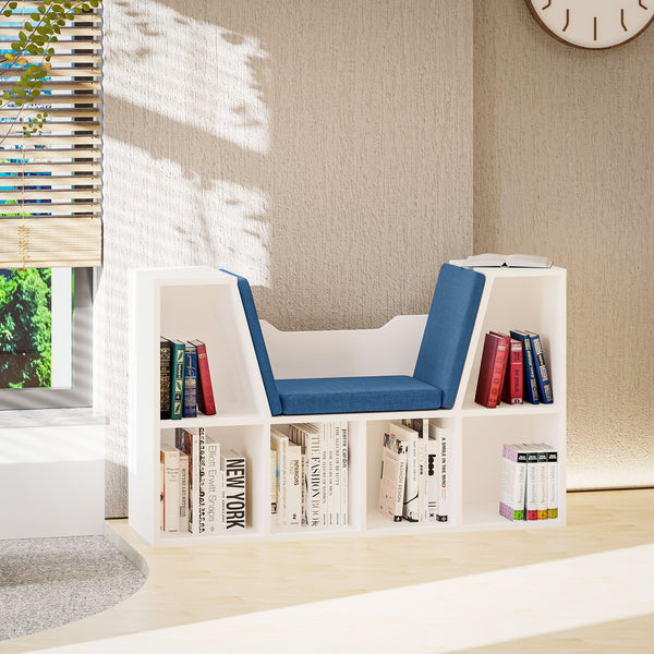 Bibliothèque à 6 compartiments avec coussin d'assise pour coin de lecture, bleu