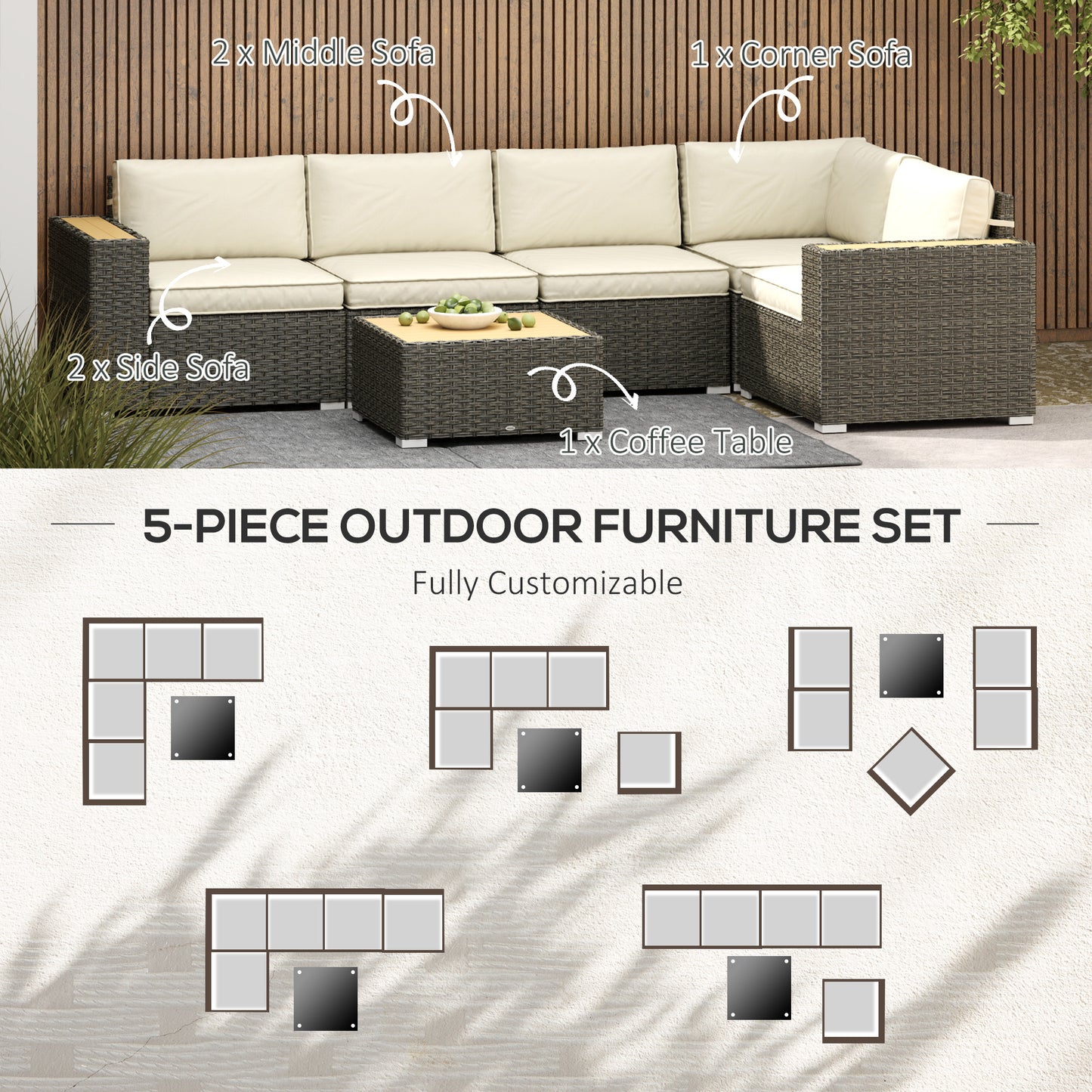 Outsunny 6 Piece Rattan Garden Furniture Set with Corner Sofa, Coffee Table, Wood and Plastic, Light Khaki