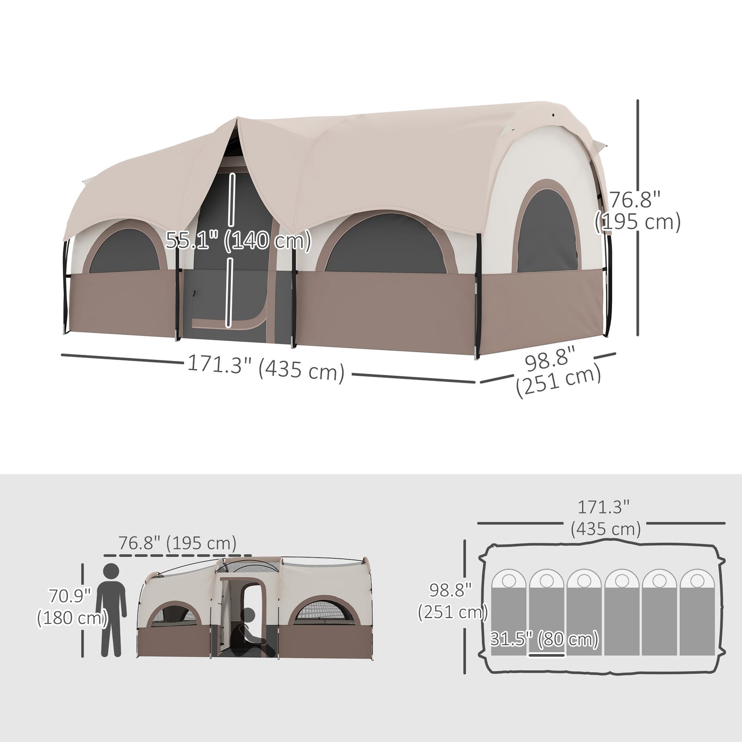 Outsunny 4-6 Person Camping Tent, 3 Room Cabin Tent, 3000mm Waterproof & UPF 30+, with Sewn-in Groundsheet & Carry Bag, Khaki