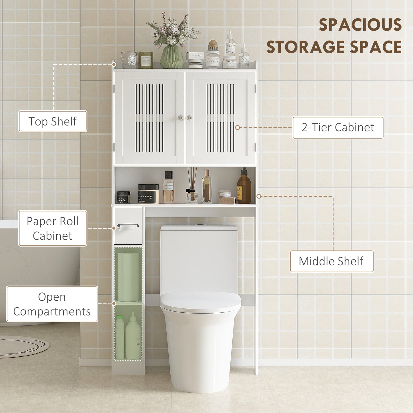 Toilet storage cabinet with adjustable shelf, paper holder, white