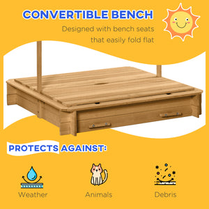 Bac à sable en bois avec couvercle, bancs pliables et auvent réglable, marron clair