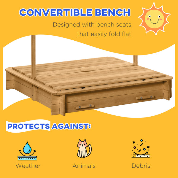 Bac à sable en bois avec couvercle, bancs pliables et auvent réglable, marron clair