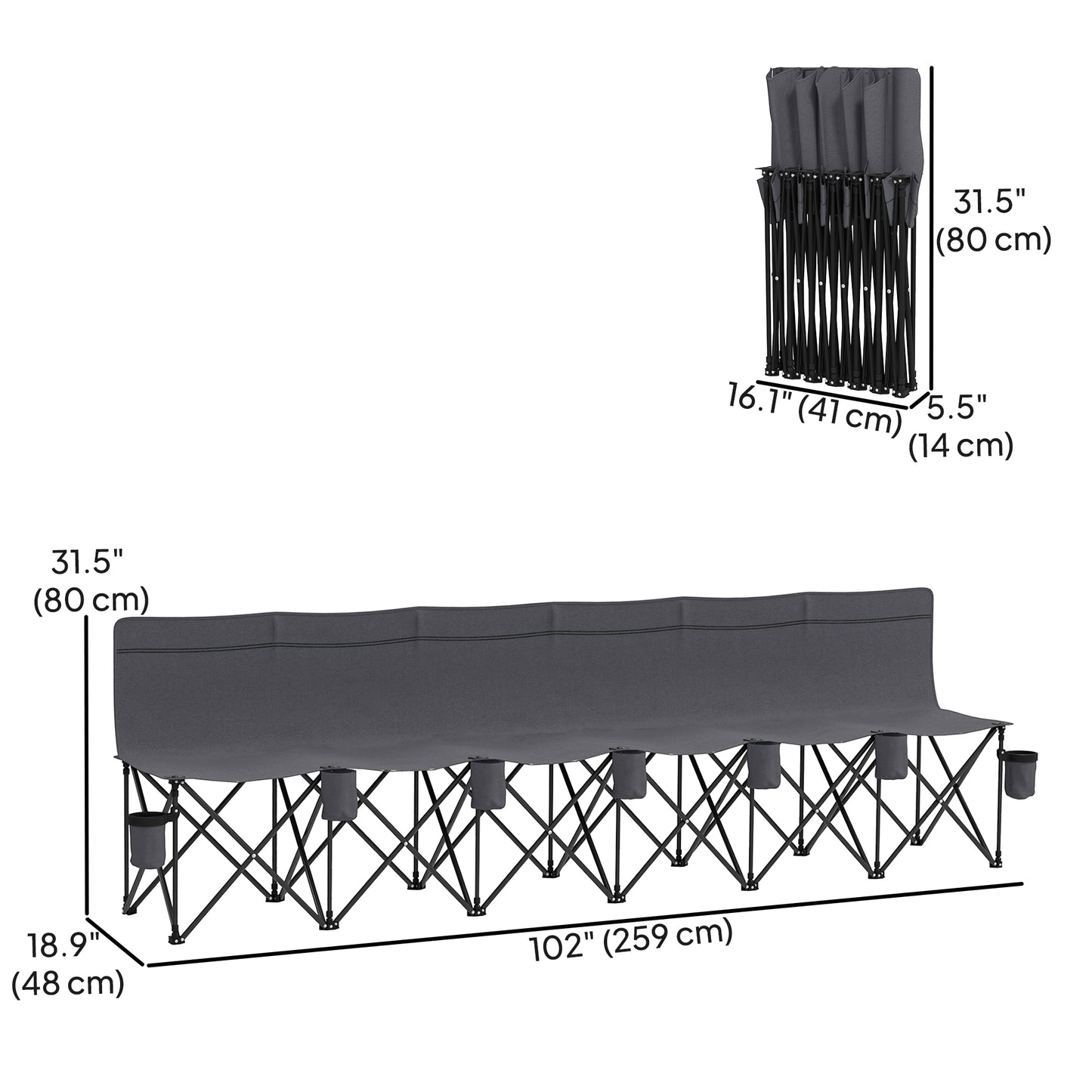 Chaise de camping pliante 6 places avec porte-gobelet et housse de transport pour camping, pique-nique et événements sportifs, gris foncé