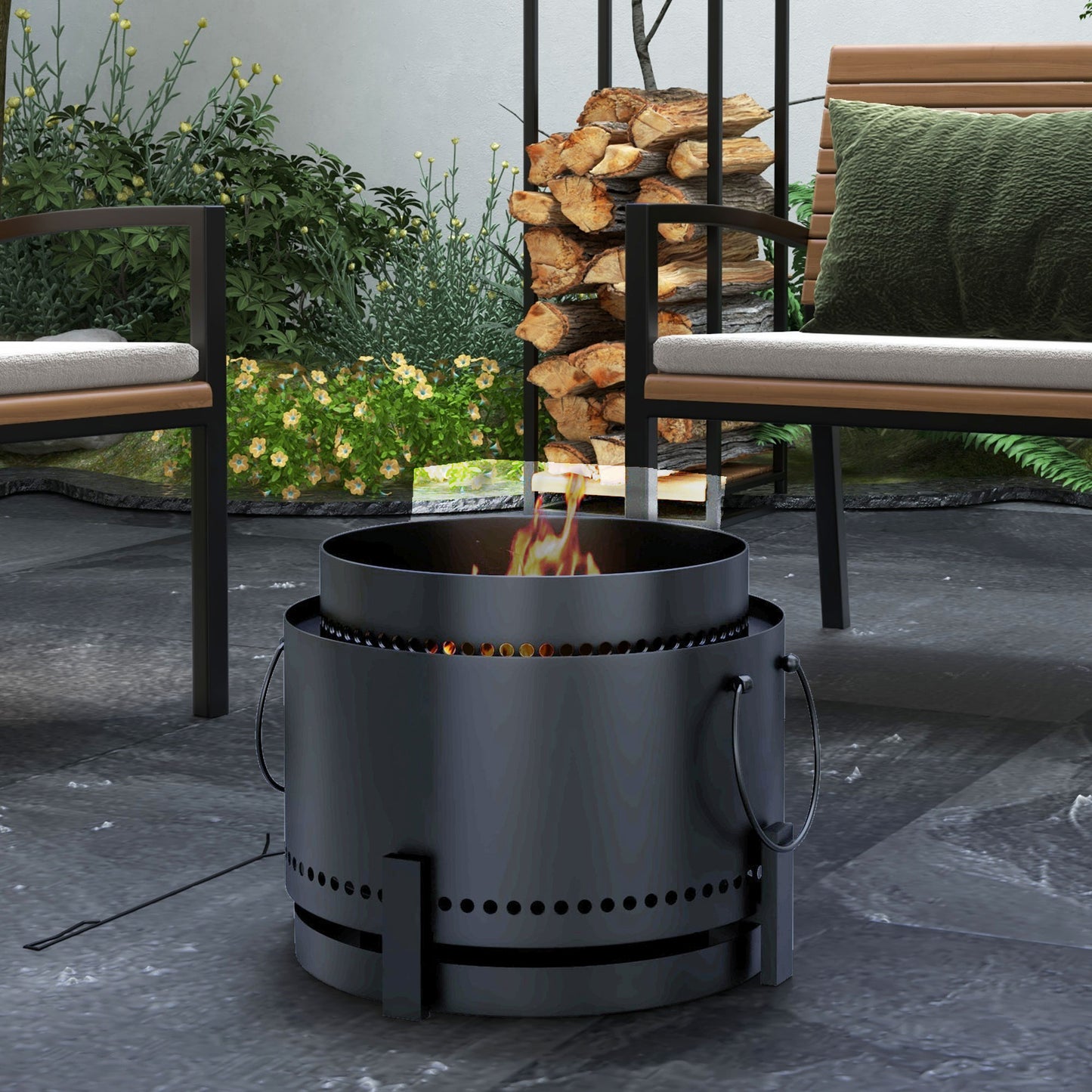 Outsunny Smokeless Fire Pit with Ash Catcher, Portable Wood Burning Fire Pit with Poker for Garden, Camping, Bonfire, Black