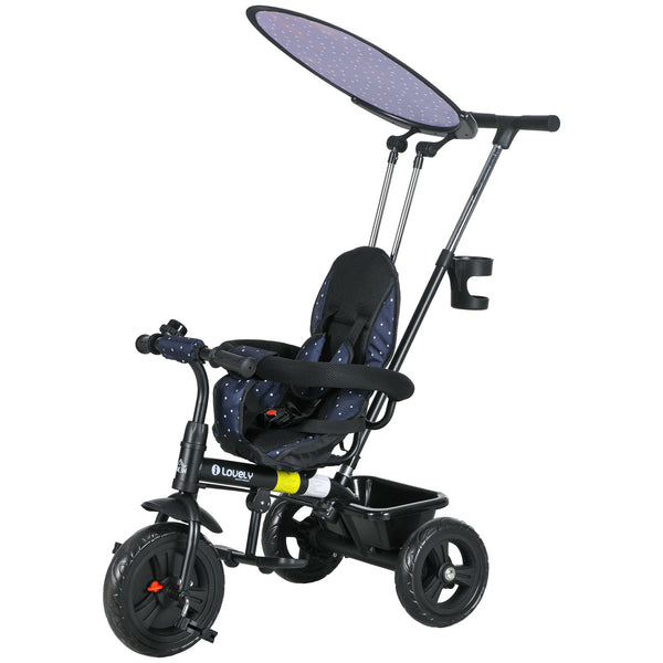 Tricycle 6 en 1 pour enfants avec guidon et auvent amovibles, bleu marine