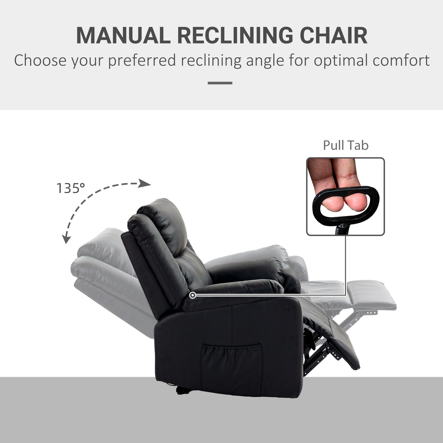 Faux Leather Recliner Chair with Footrest and 2 Side Pockets, Black