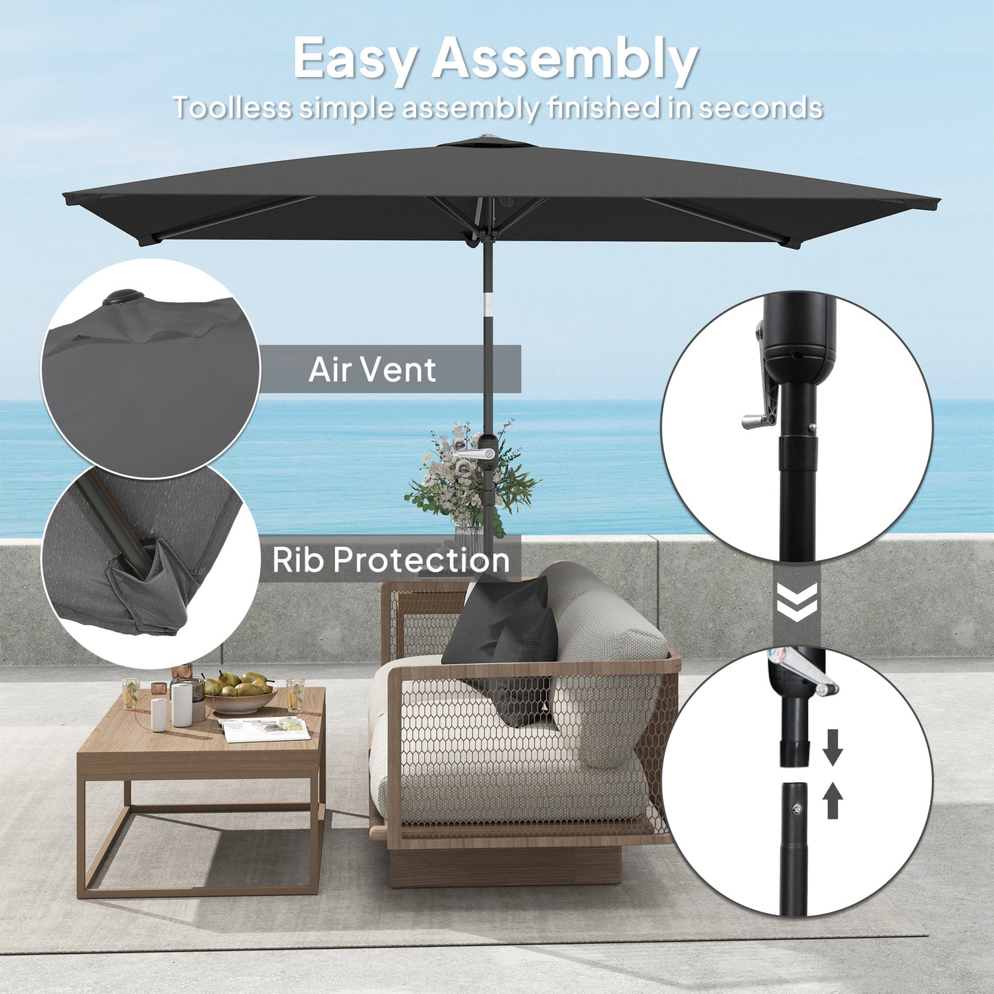 Parasol de jardin rectangulaire inclinable en aluminium 2 x 3 m, parasol de jardin, parasol d'extérieur avec manivelle, gris foncé
