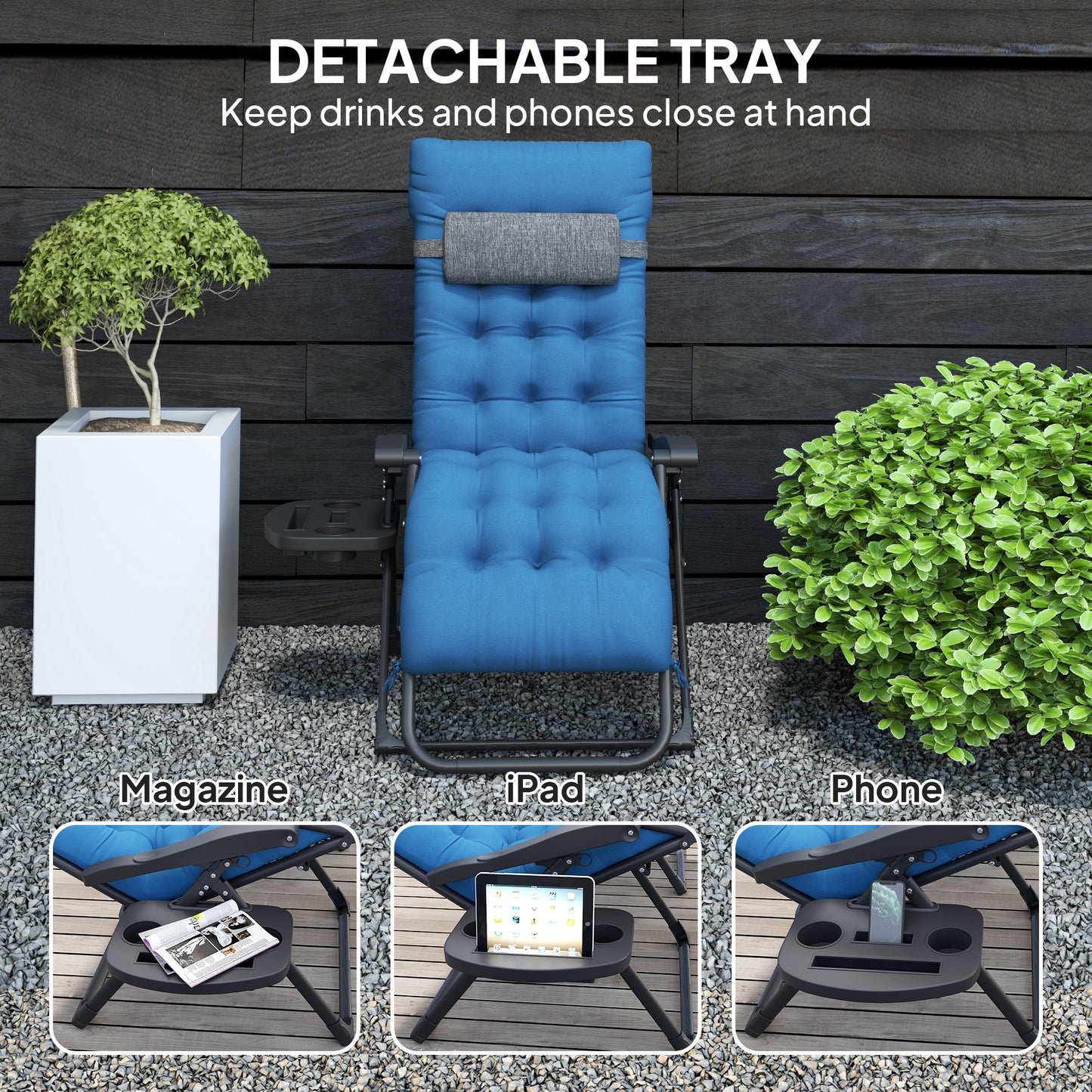 Outsunny Padded Folding Recliner Chair, Patio Lounge Chair with Cup Holder, Adjustable Backrest, Removable Cushion, Navy Blue