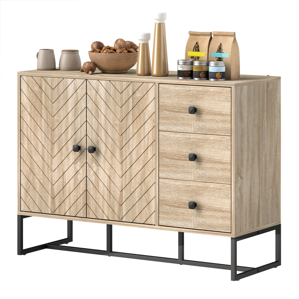 Buffet moderne, 108 cm, étagères réglables et 3 tiroirs, meuble bar à café avec 2 portes, chêne