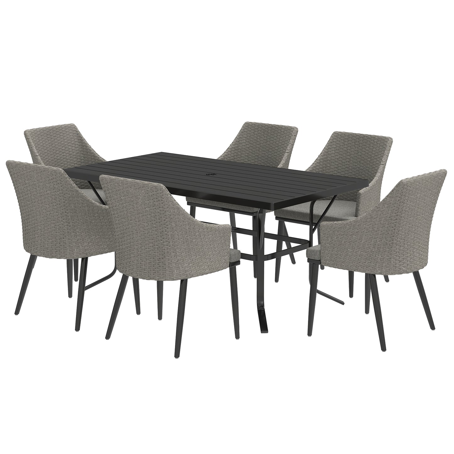 7 Piece Wicker Garden Furniture Set with Cushions, Parasol Hole, Slatted Top, for Garden, Porch, Balcony
