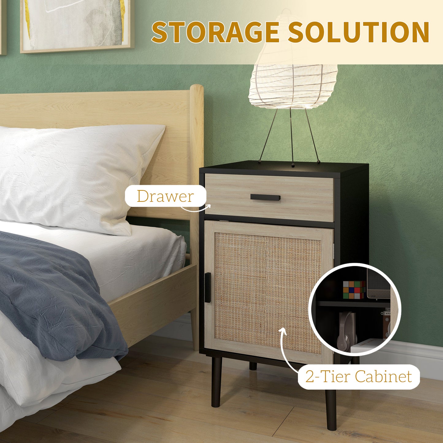 Lot de 2 tables de chevet bohèmes avec tiroir, meuble en rotin, étagère réglable pour chambre et salon, noir