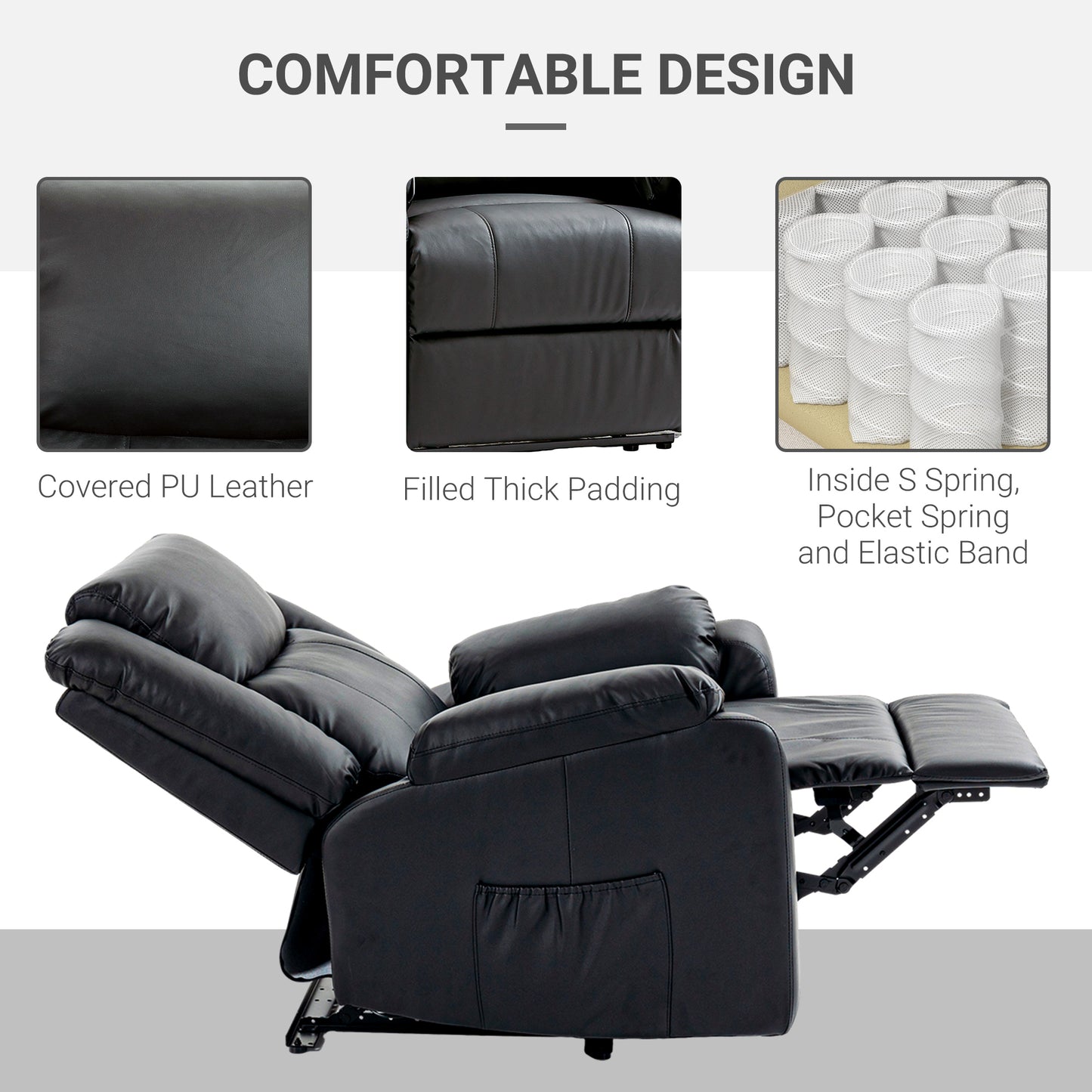 Faux Leather Recliner Chair with Footrest and 2 Side Pockets, Black