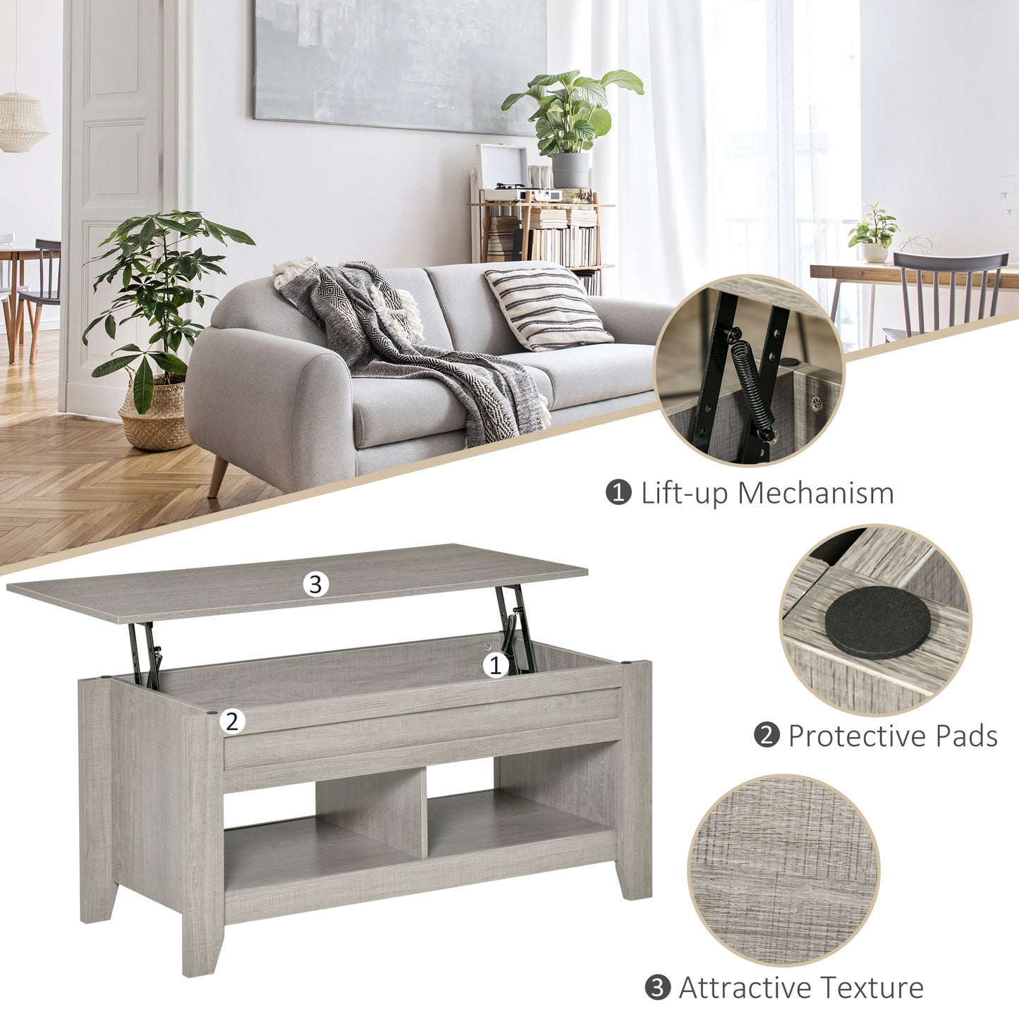 Table basse relevable avec compartiment de rangement dissimulé et étagères ouvertes pour salon, gris clair