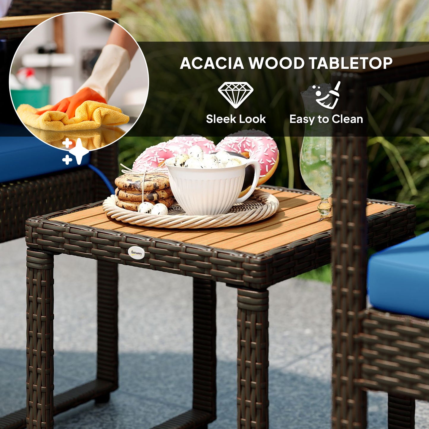 Outsunny 3 Piece Wicker Garden Furniture Set, Rattan Bistro Set with Acacia Wood Table and Removable Cushions, Dark Blue