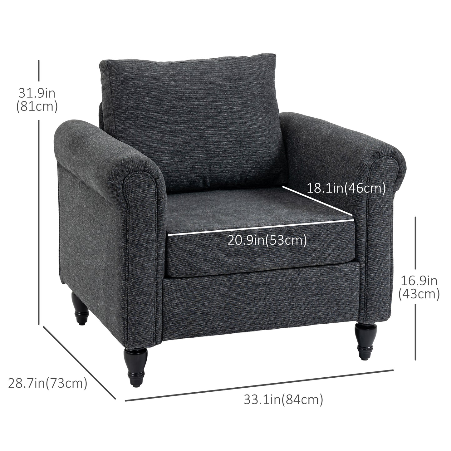 Vintage upholstered armchair with rolled armrests, rubberwood legs, dark gray