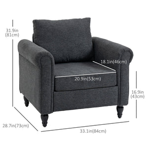 Fauteuil vintage rembourré avec accoudoirs roulés et pieds en bois d'hévéa, gris foncé