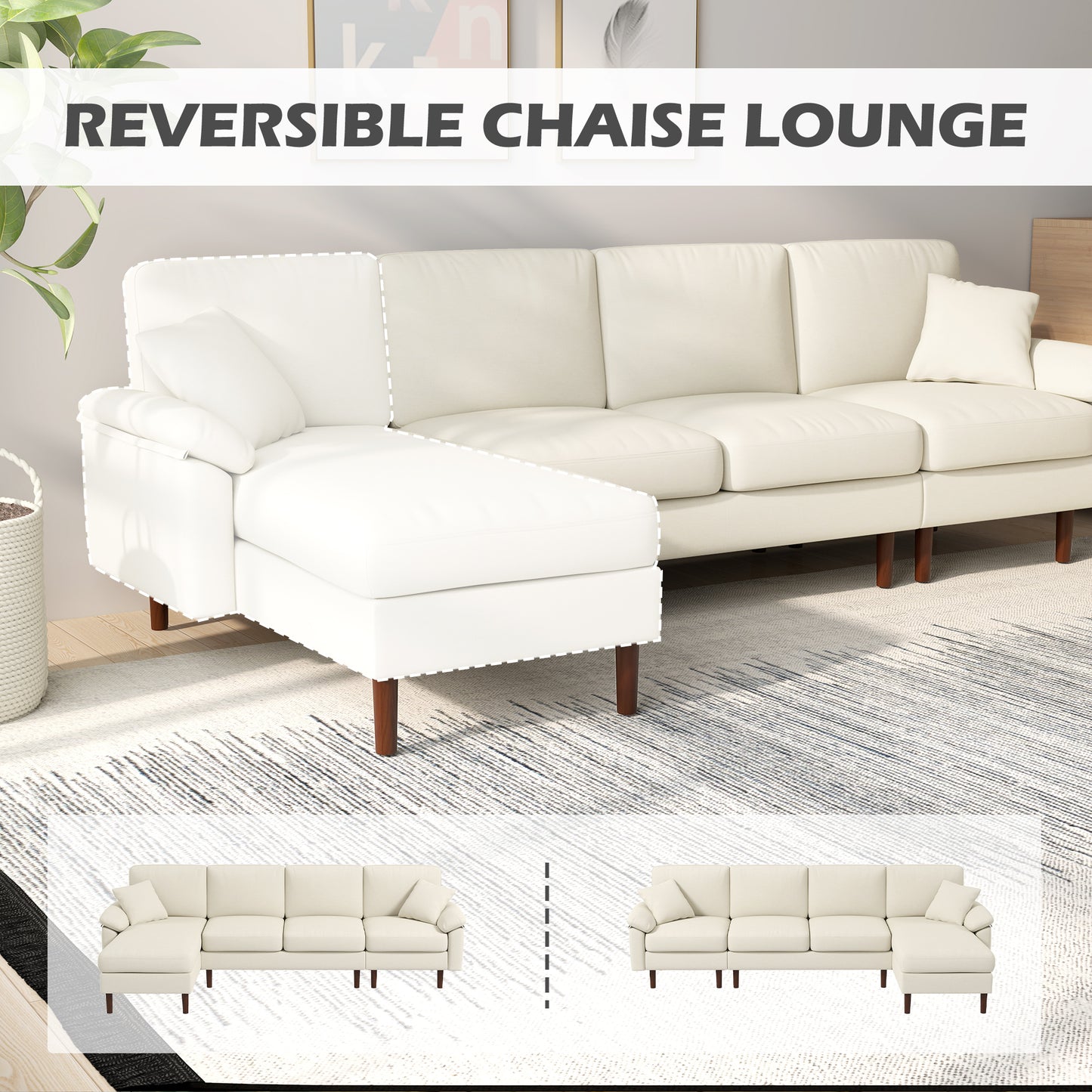 HOMCOM Modern L-Shaped Sectional Sofa with Removable Chaise, Cushions and Wooden Legs for Living Room, Cream White
