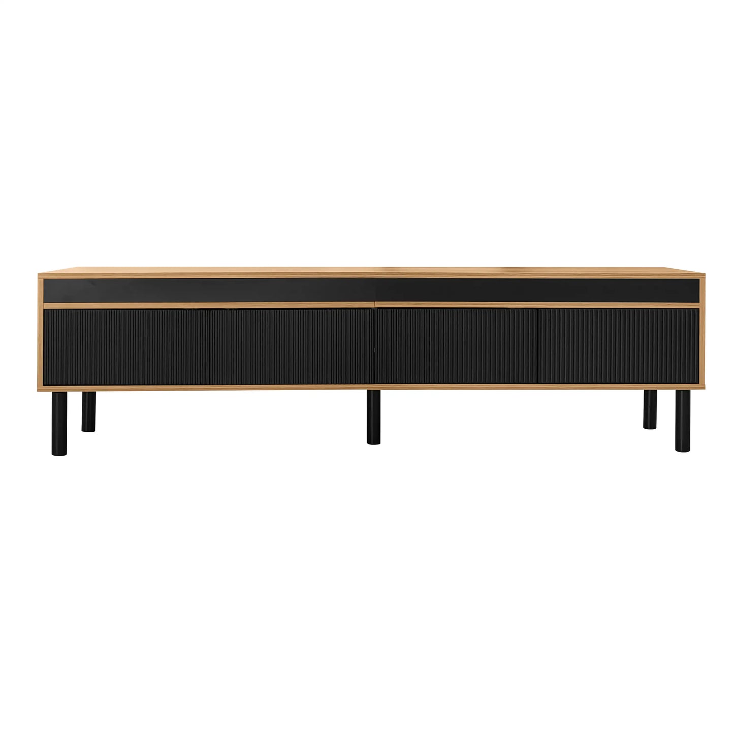 Meuble TV avec élégant motif à rayures et pieds en bois robustes, noir et naturel