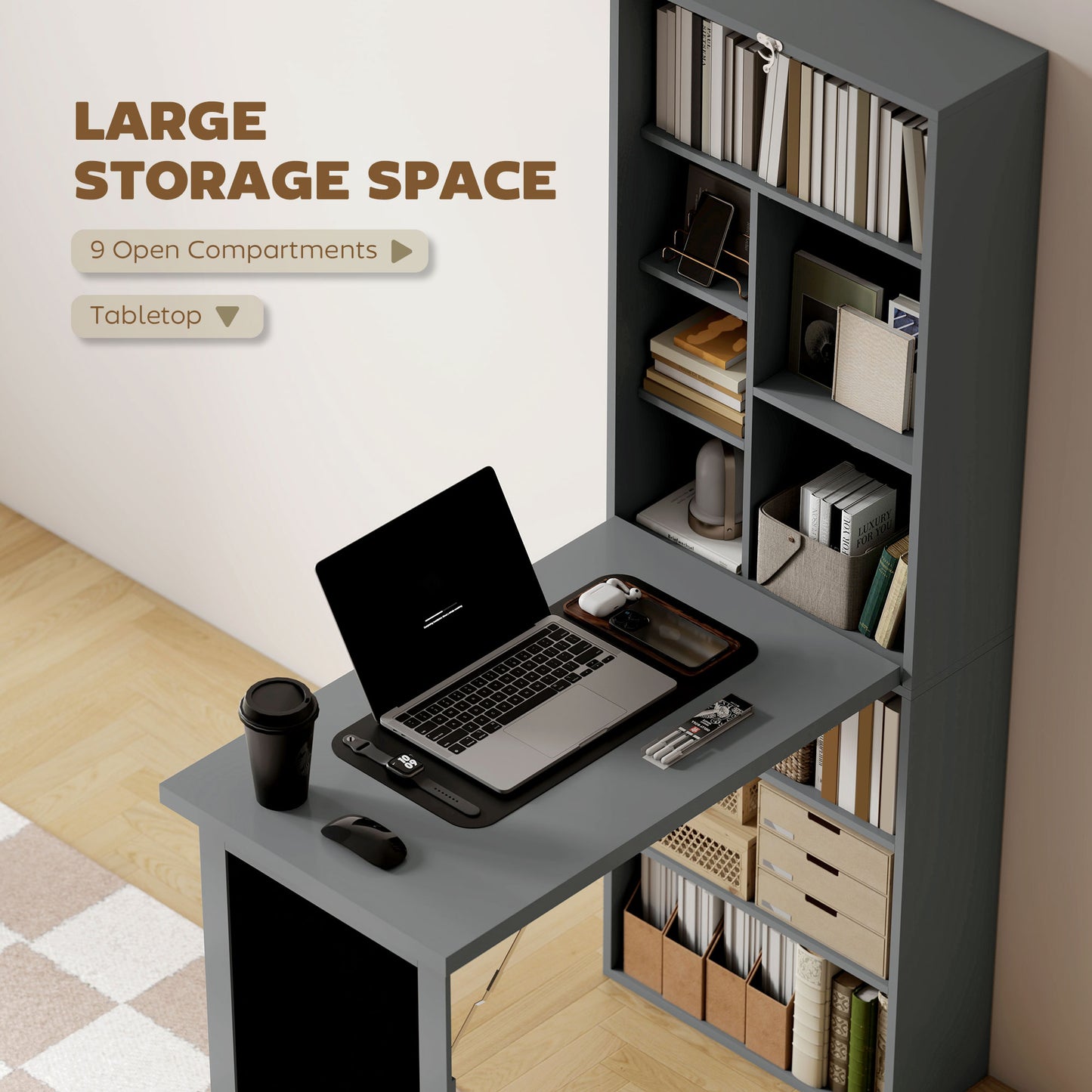 Bureau d'ordinateur mural pliable et convertible avec tableau noir et étagère latérale, gris anthracite